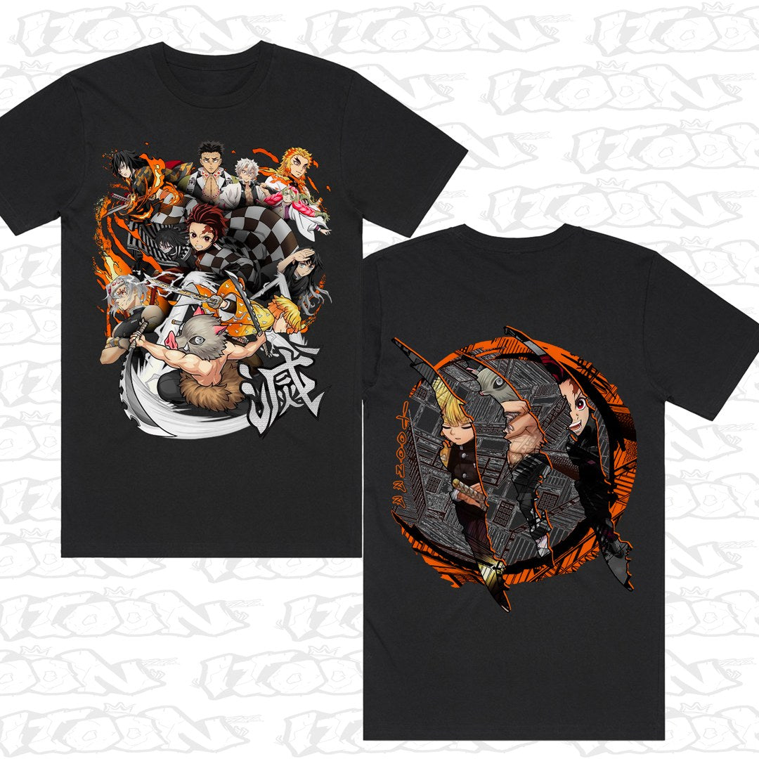 Demon Slayer on a black AS Colour Block tee - Front and back print.