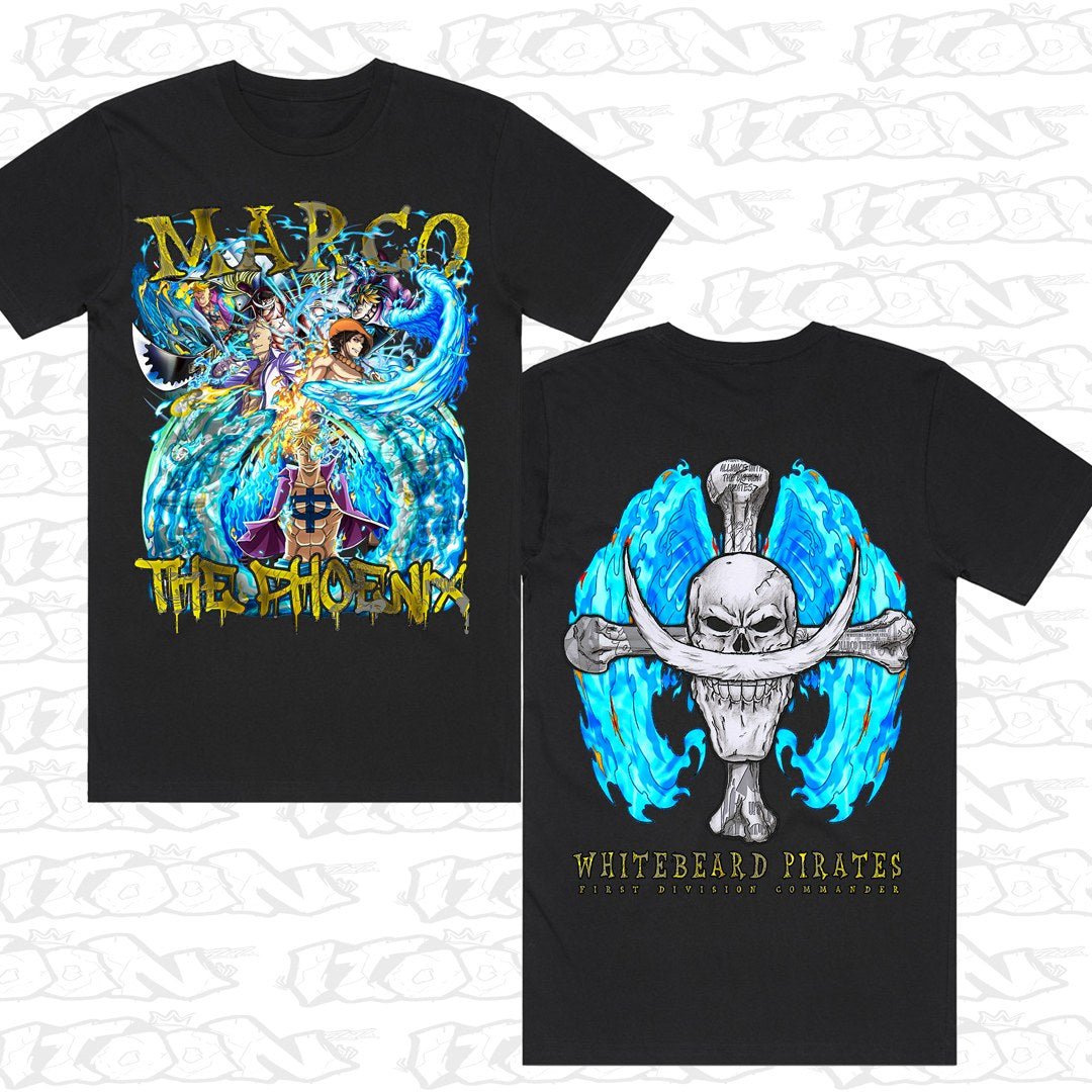 Marco the Phoenix on a black AS Colour Block tee - Front and back print.