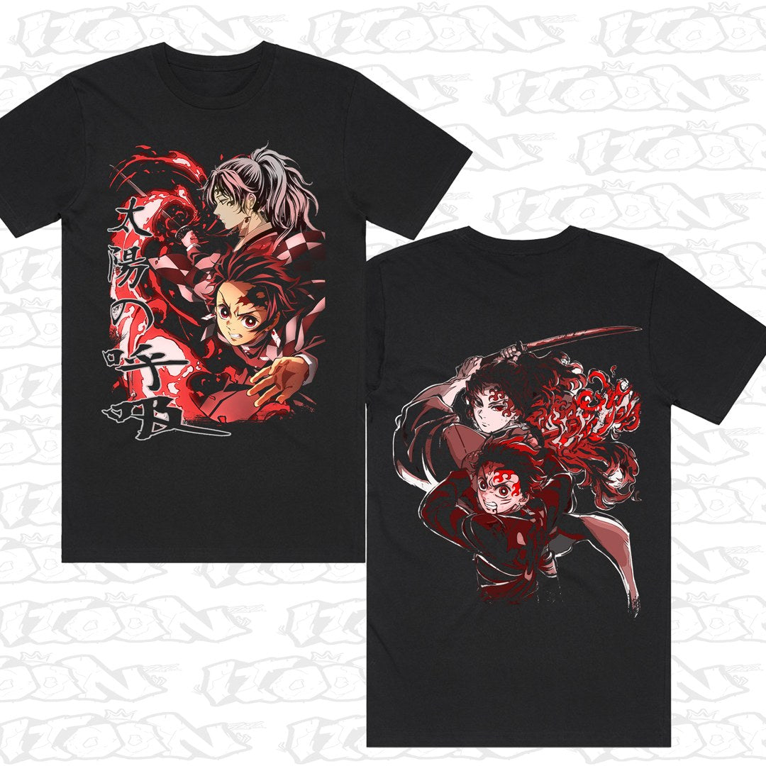 Demon Slayer - Sun Breathing on a black AS Colour Block tee - Front and back print.