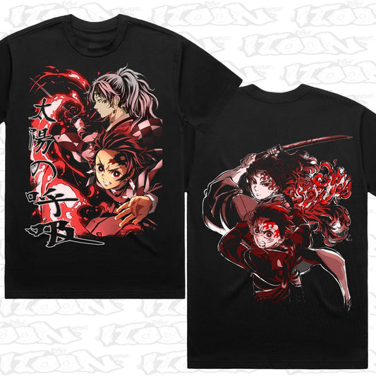 Demon Slayer - Sun Breathing on a black AS Colour Heavy tee - Front and back print.