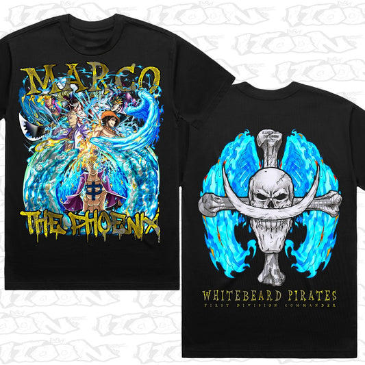 Marco the Phoenix on a black AS Colour Heavy tee - Front and back print.