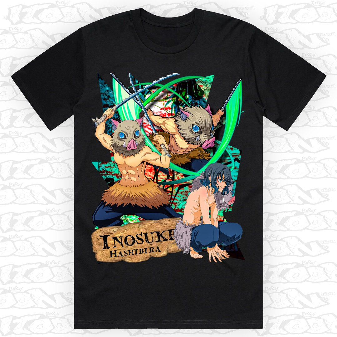 Inosuke on a black AS Colour Block tee - Single front print.