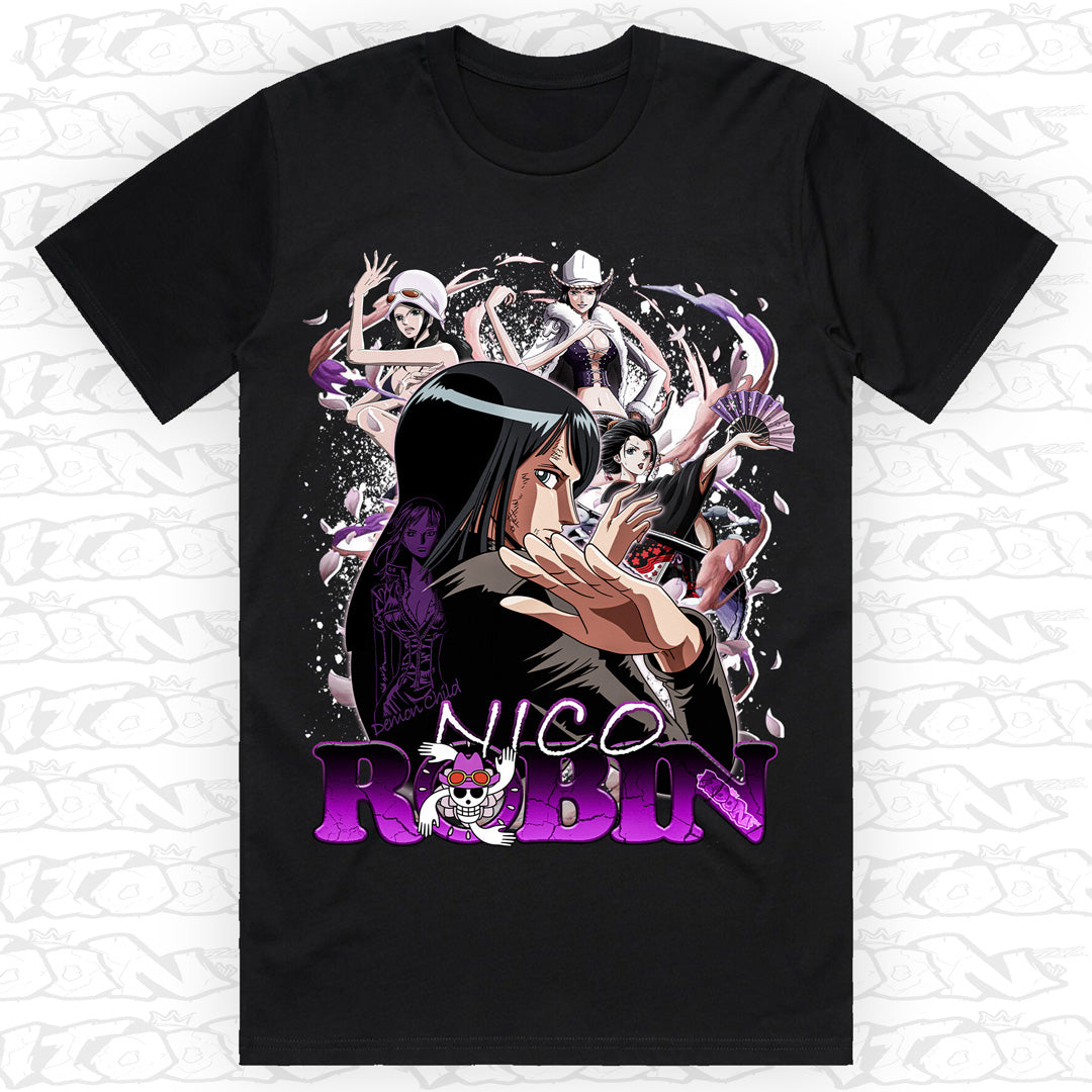 Nico Robin on a black AS Colour Block tee.
