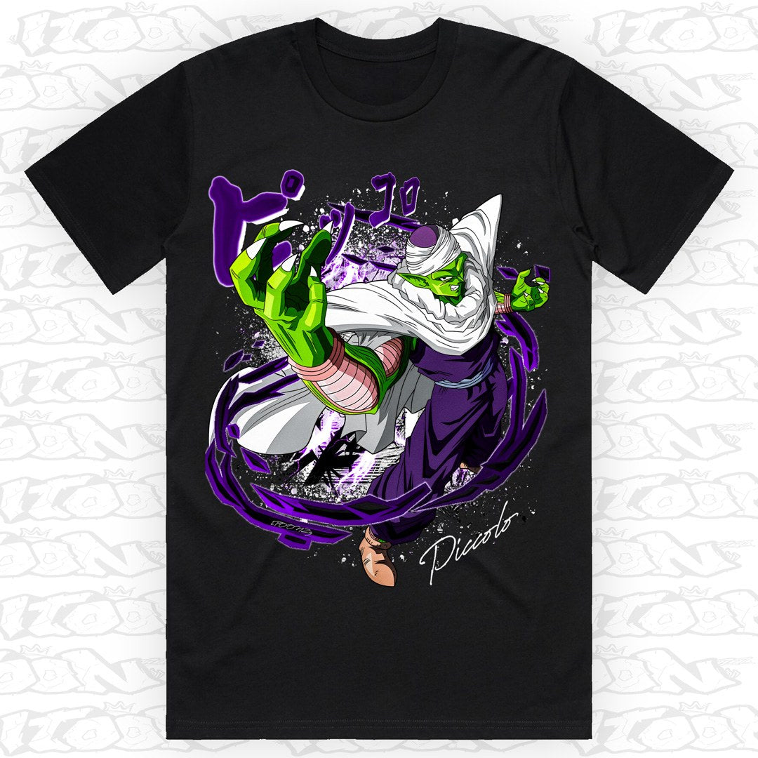 Piccolo on a black AS Colour Block tee - Single front print.