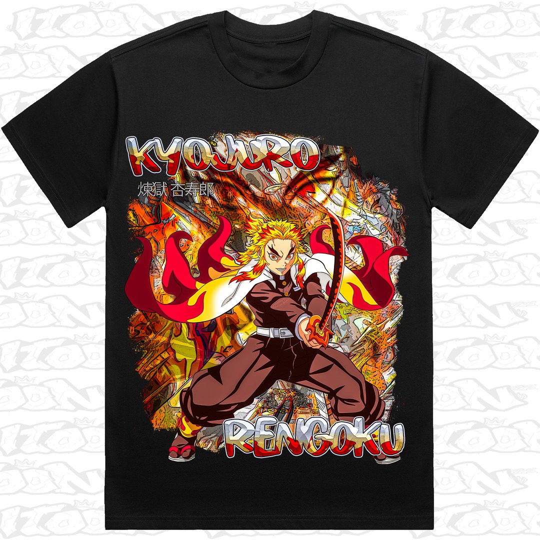 Rengoku on a black AS Colour Heavy tee - Single front print.