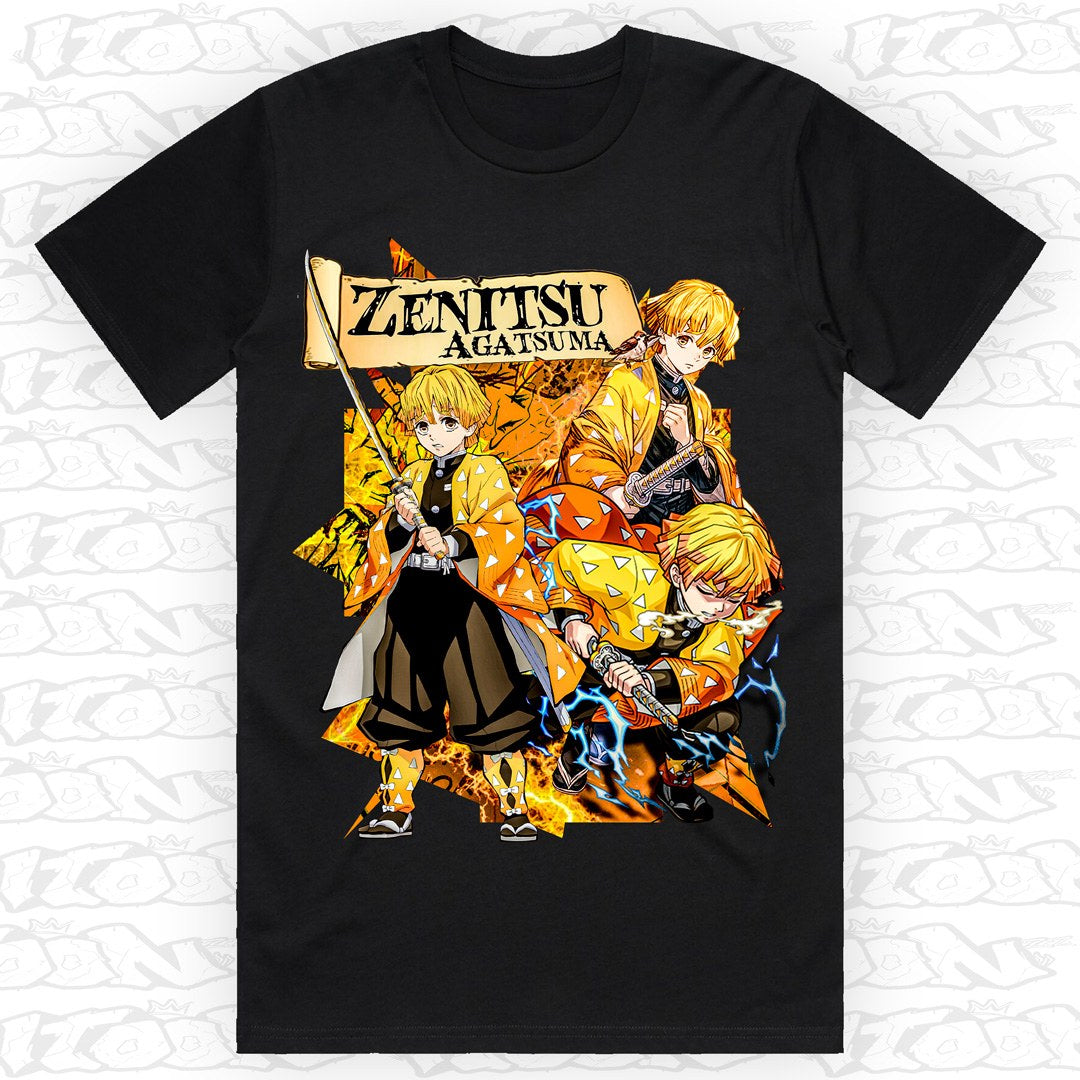 Zenitsu on a black AS Colour Block tee - Single front print.