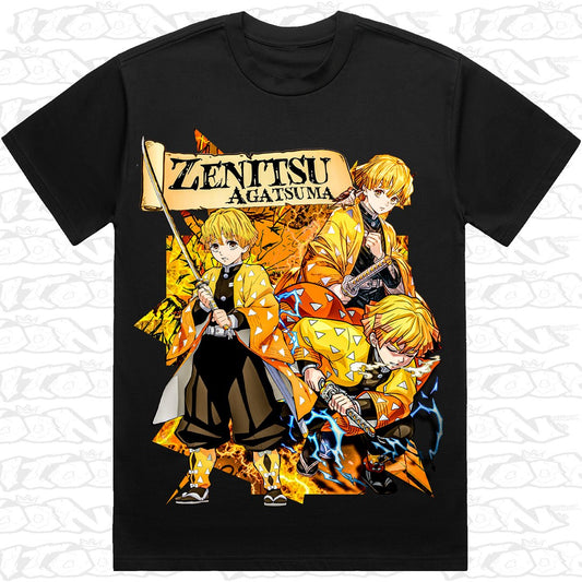 Zenitsu on a black AS Colour Heavy tee - Single front print.