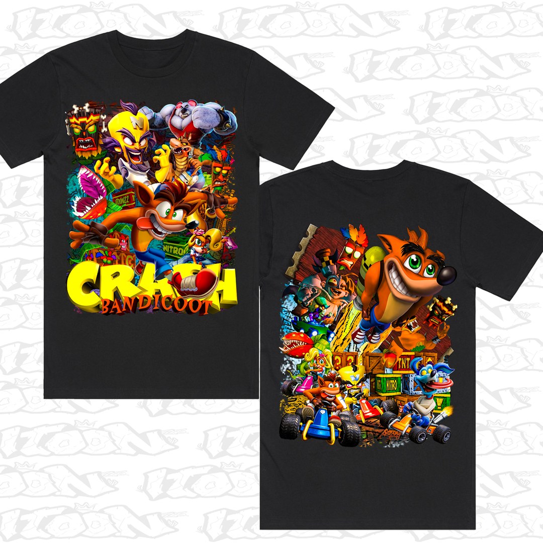 Crash Bandicoot on a black AS Colour Block tee - Front and back print.