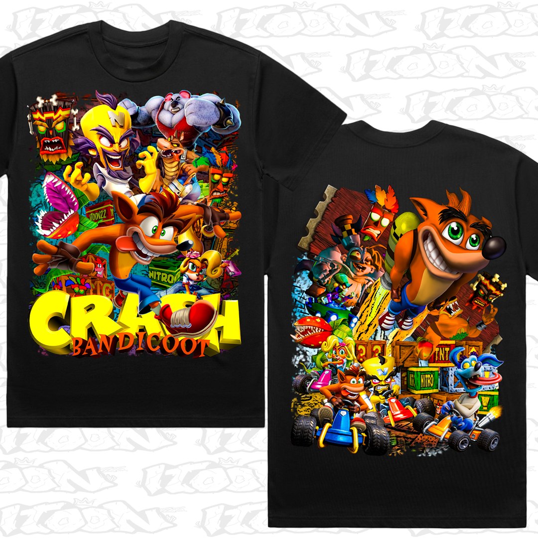 Crash Bandicoot on a black AS Colour Heavy tee - Front and back print.