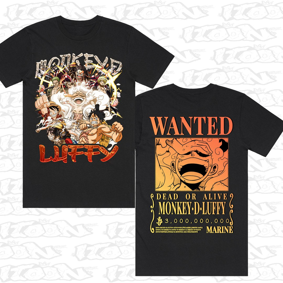 Luffy - Sun God Nika on a black AS Colour Block tee - Front and back print.