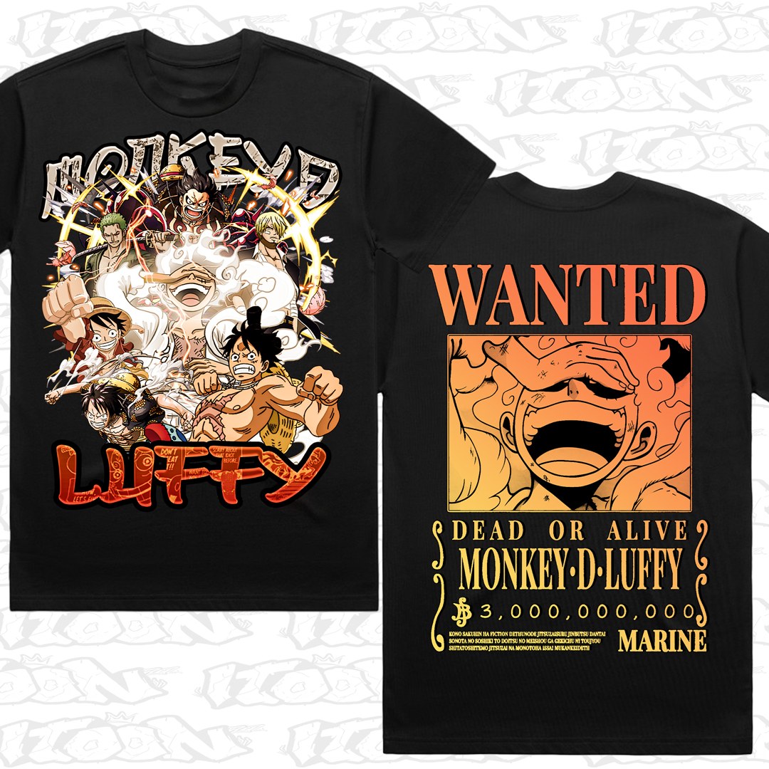Luffy - Sun God Nika on a black AS Colour Heavy tee - Front and back print.