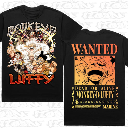 Luffy - Sun God Nika on a black AS Colour Heavy tee - Front and back print.