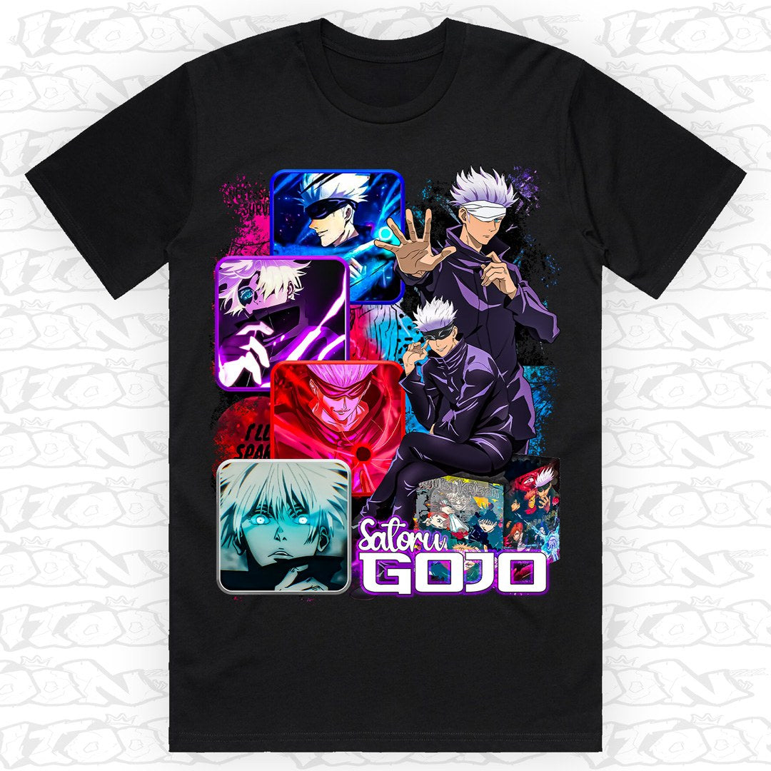Satoru Gojo on a black AS Colour Block tee - Single front print.