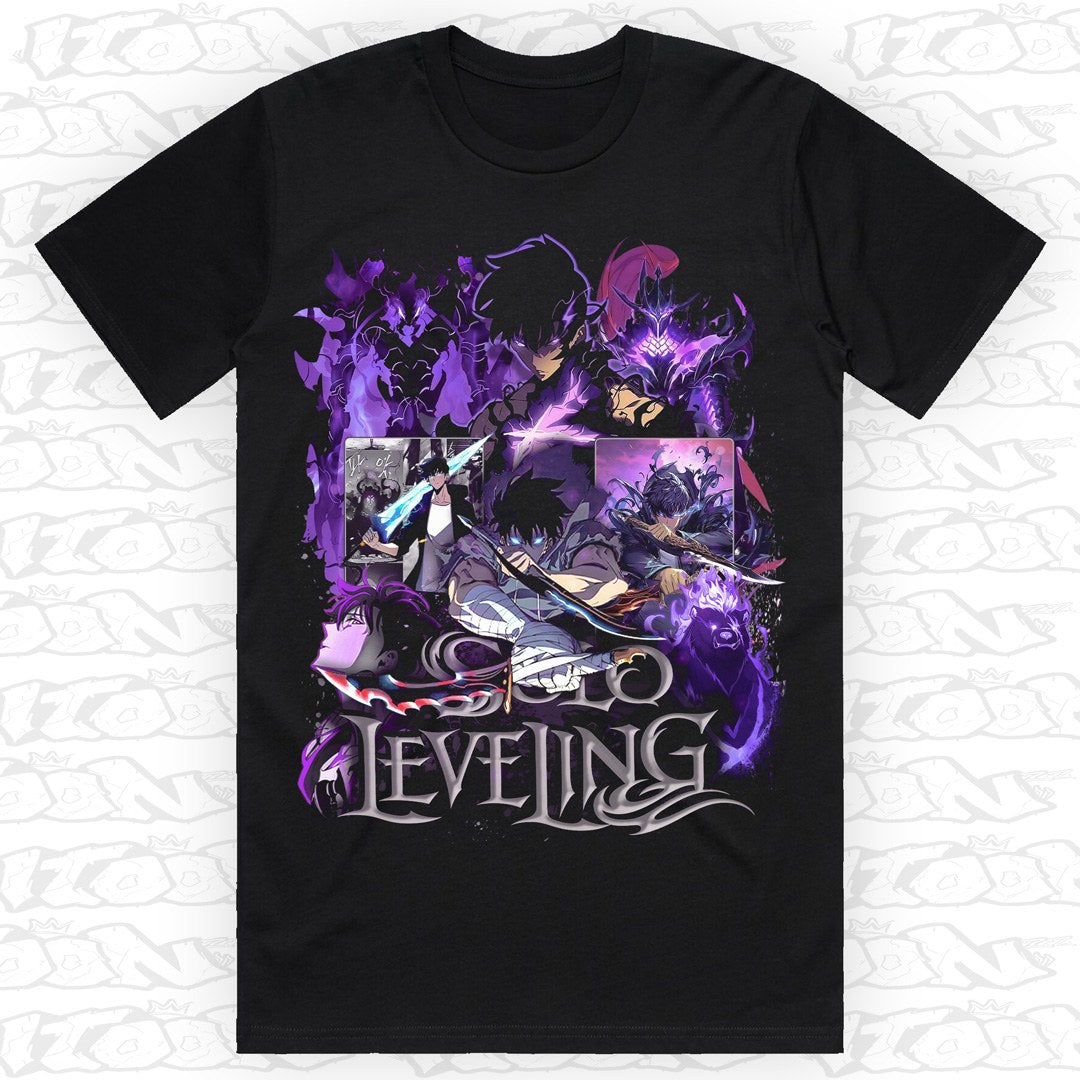 Solo Leveling on a black AS Colour Block tee - Single front print.