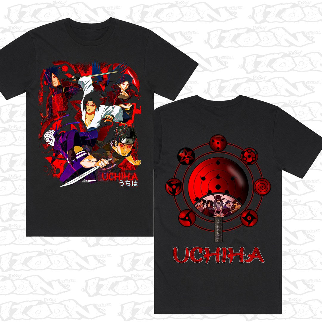 The Uchiha Clan on a black AS Colour Block tee - Front and back print.
