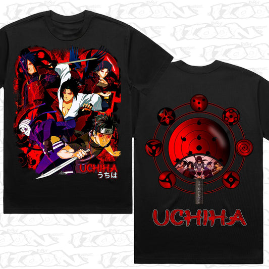 The Uchiha Clan on a black AS Colour Heavy tee - Front and back print.